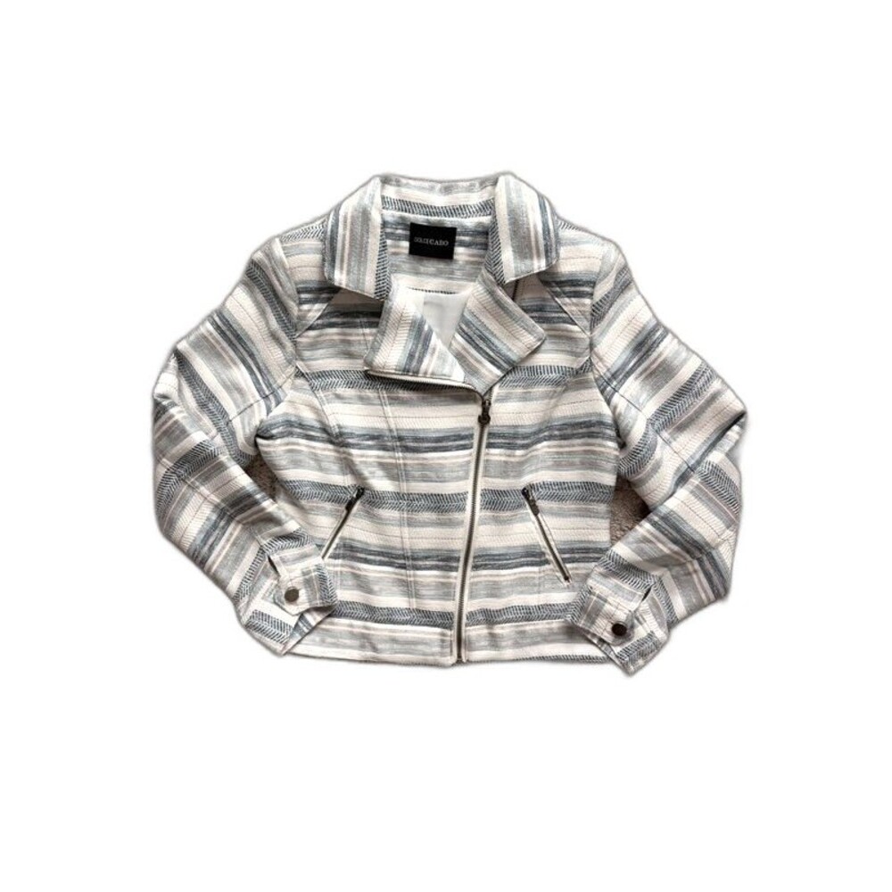 Dolce Cabo Womens Striped Moto Jacket Small Blue White Tencel Zip Cropped Coat